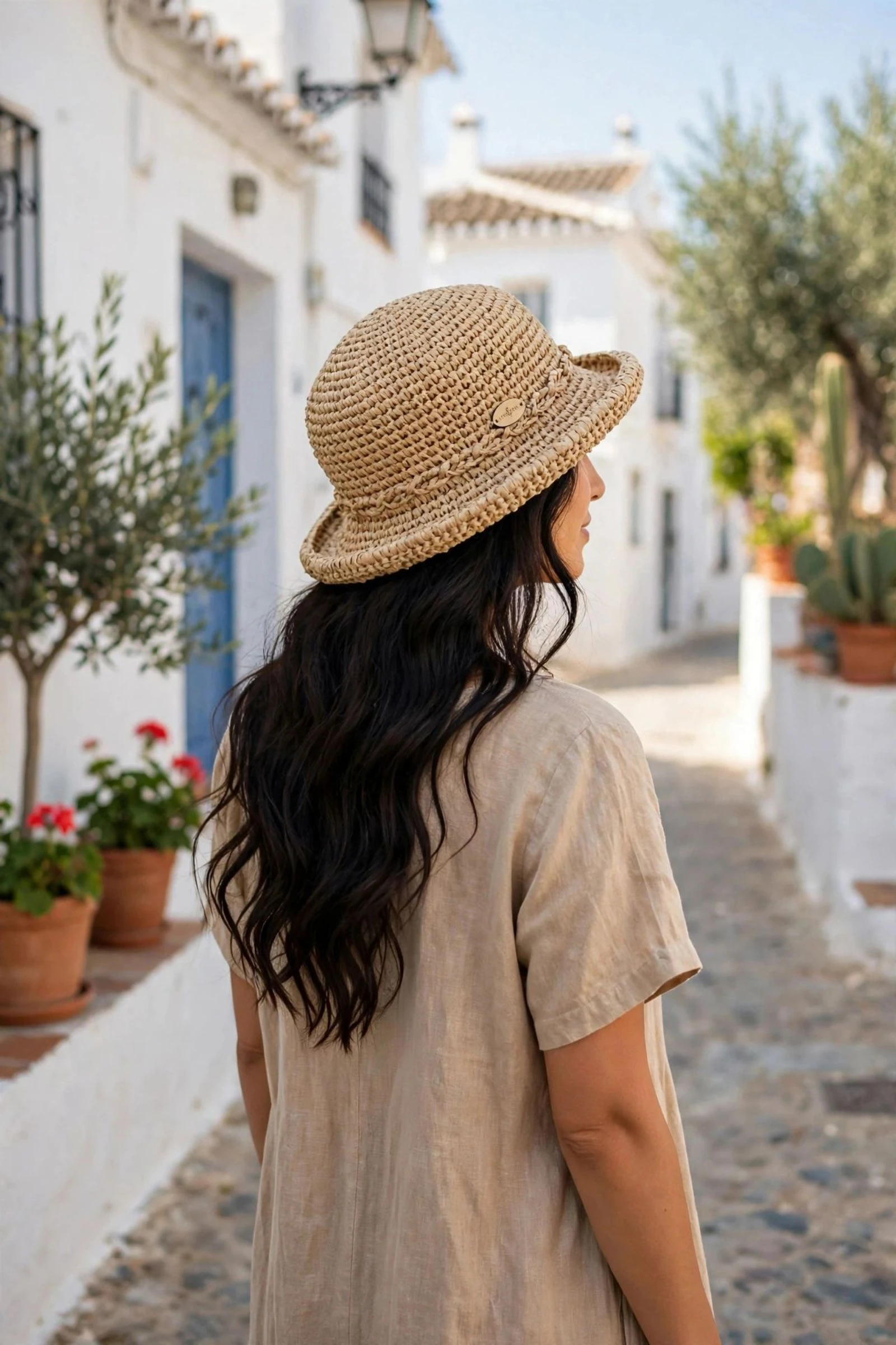 Sombrero de ala estilo bucket tejido con rafia ligera